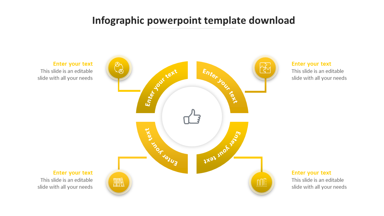 Infographic slide featuring a central thumbs-up icon surrounded by six yellow icons and placeholders text areas.