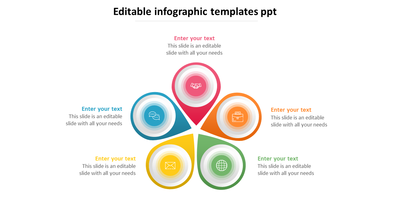  Infographic template with a central circular layout, five connected segments with icons, and placeholder text areas.