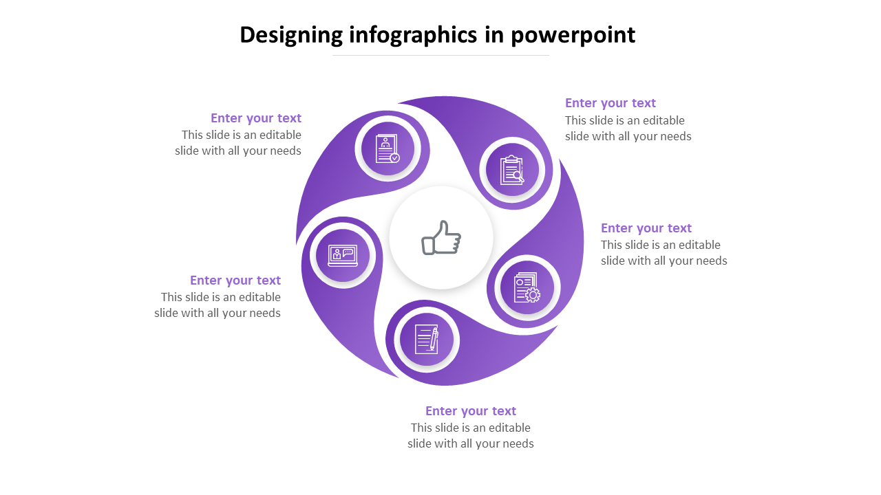 Infographic slide with five purple circular connected sections around a central thumbs up icon, featuring text placeholders.