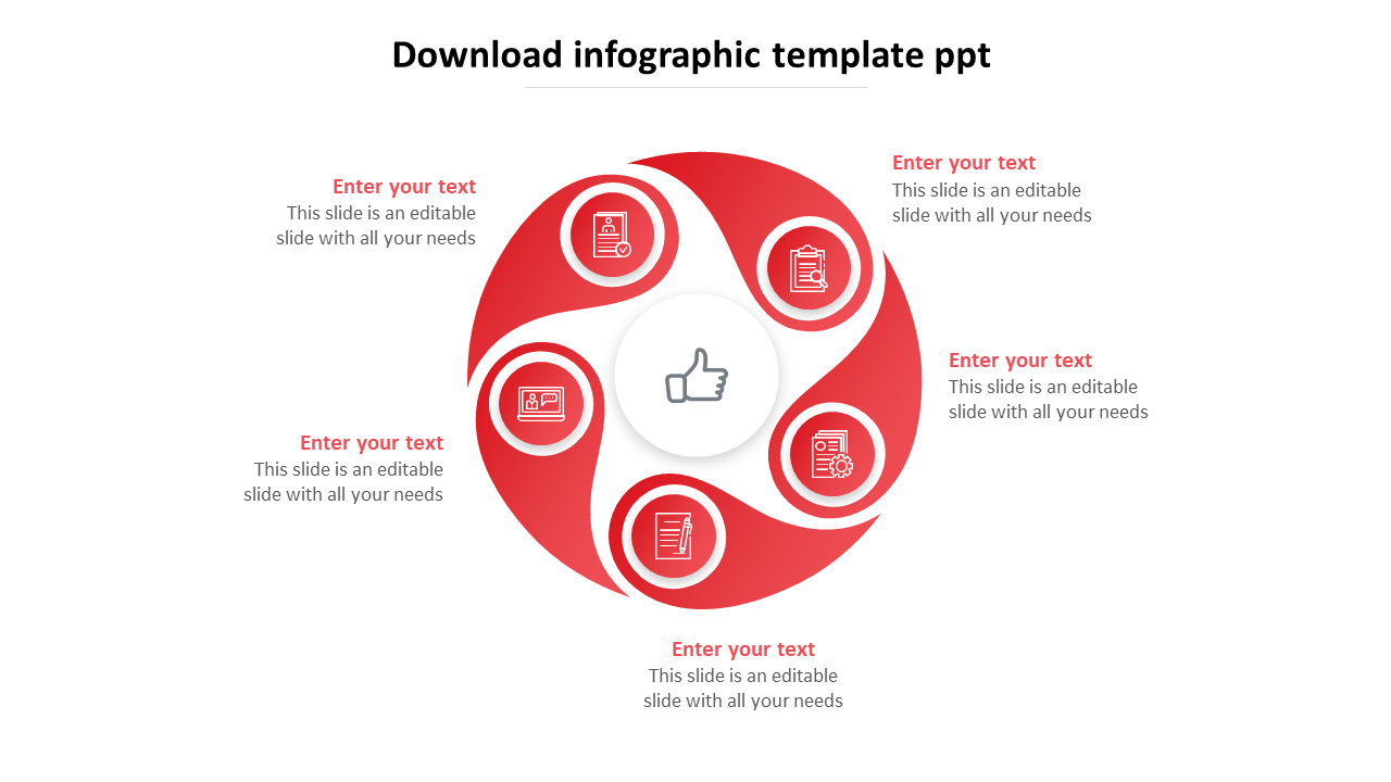 Circular infographic slide with a central thumbs up icon surrounded by red and white sections for placeholder text.