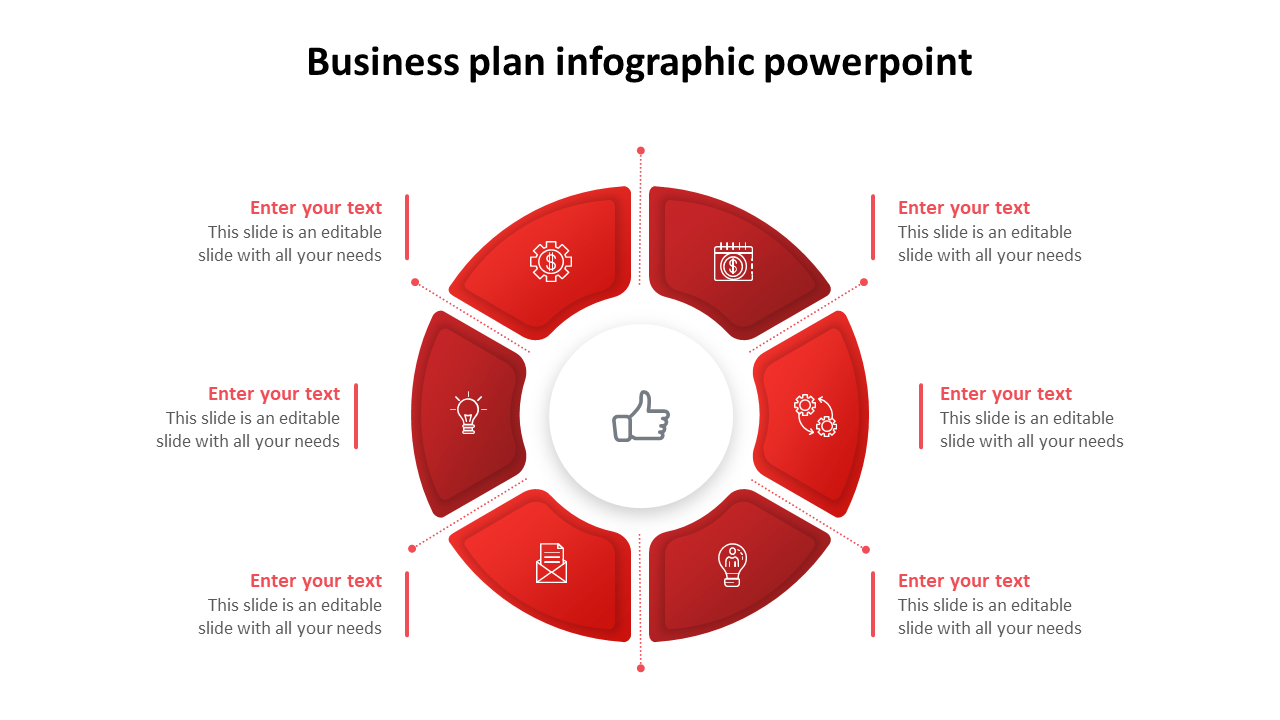 Business plan infographic PowerPoint slide with a circular red segmented diagram and six icons representing key concepts.