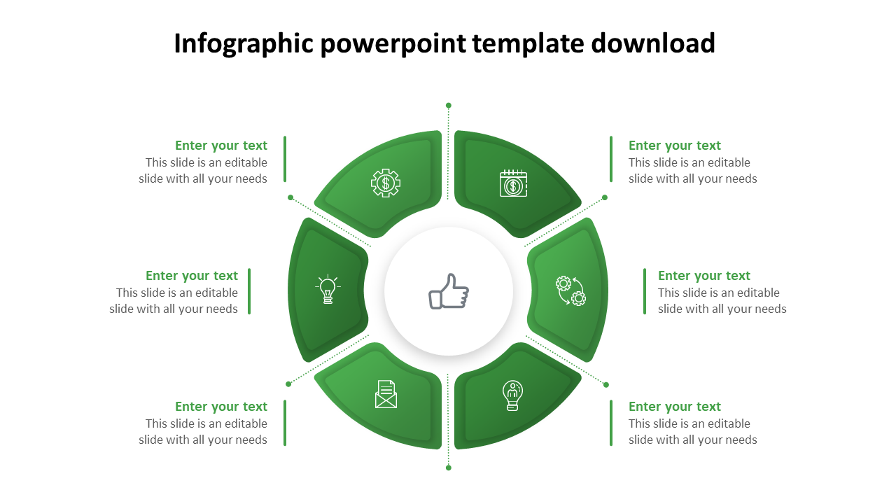 Green and white infographic template with six segments, each with icons and text, forming a circular layout.