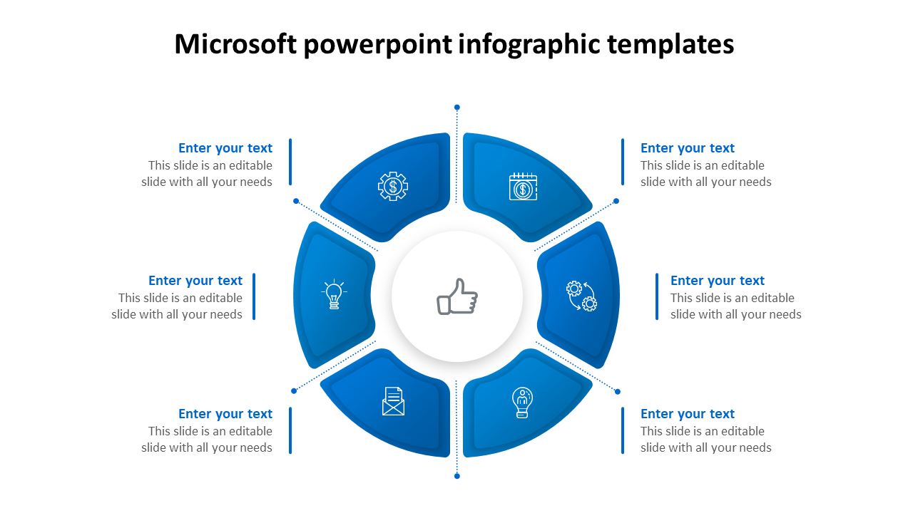 Business plan infographic PowerPoint slide with a circular blue segmented diagram and six icons representing key concepts.