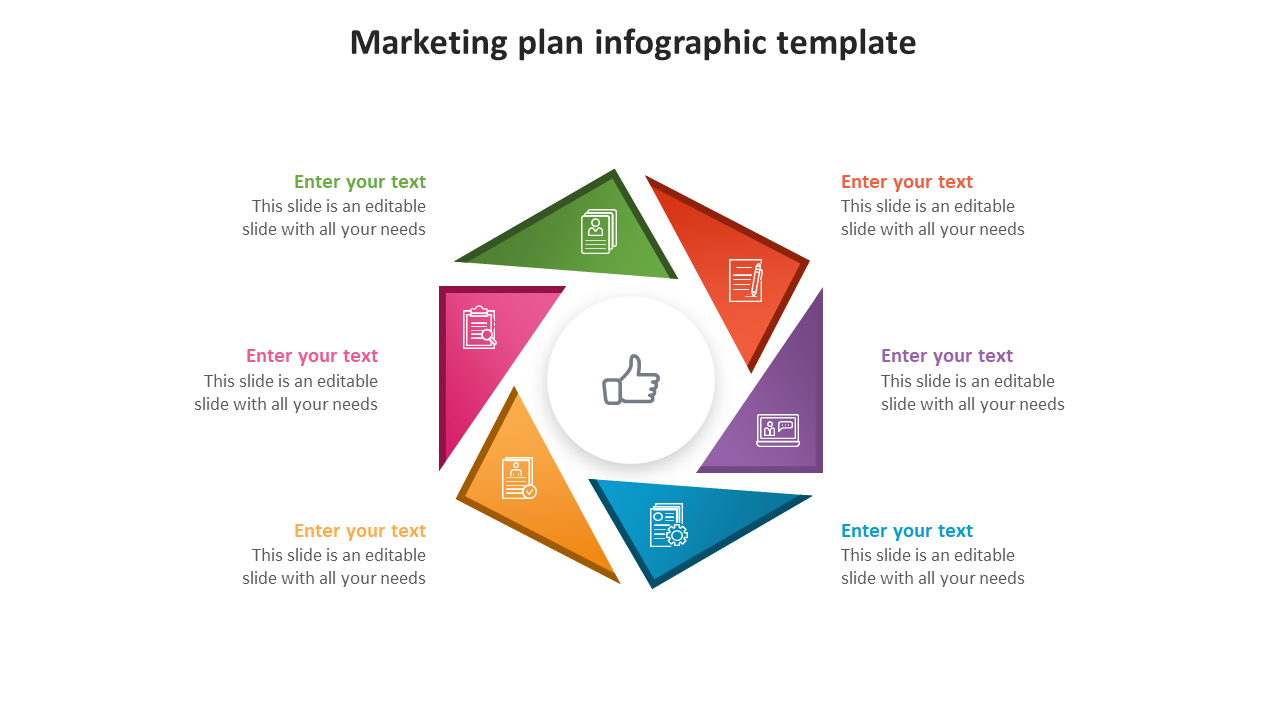  A circular marketing plan template with six colour coded sections, surrounding a central thumbs-up icon with caption areas.