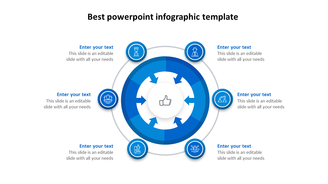 Circular infographic template with blue gradient segments and icons surrounding a central thumbs-up graphic.