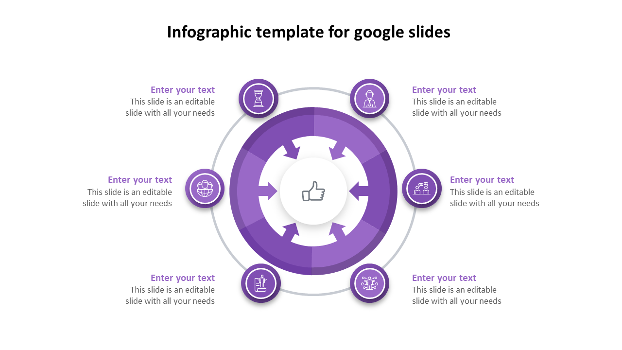 A circular infographic slide featuring six sections for text input and purple icons with placeholder text.