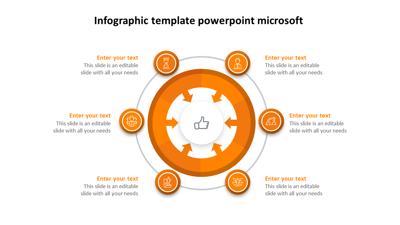 Infographic PPT template with an orange circular diagram, six icons, and text placeholders on a white backdrop.