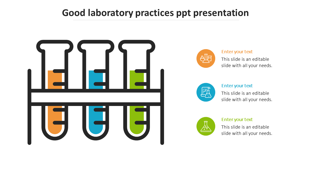 Test tube rack holding three colored liquids in orange, blue, and green with corresponding labeled icons on the right.