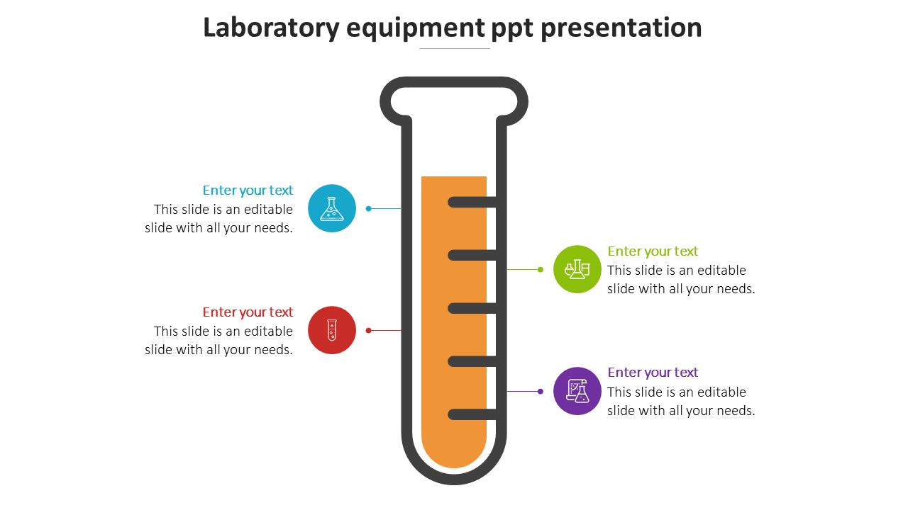 Laboratory equipment themed slide featuring a large test tube graphic with colored icons and space for text.