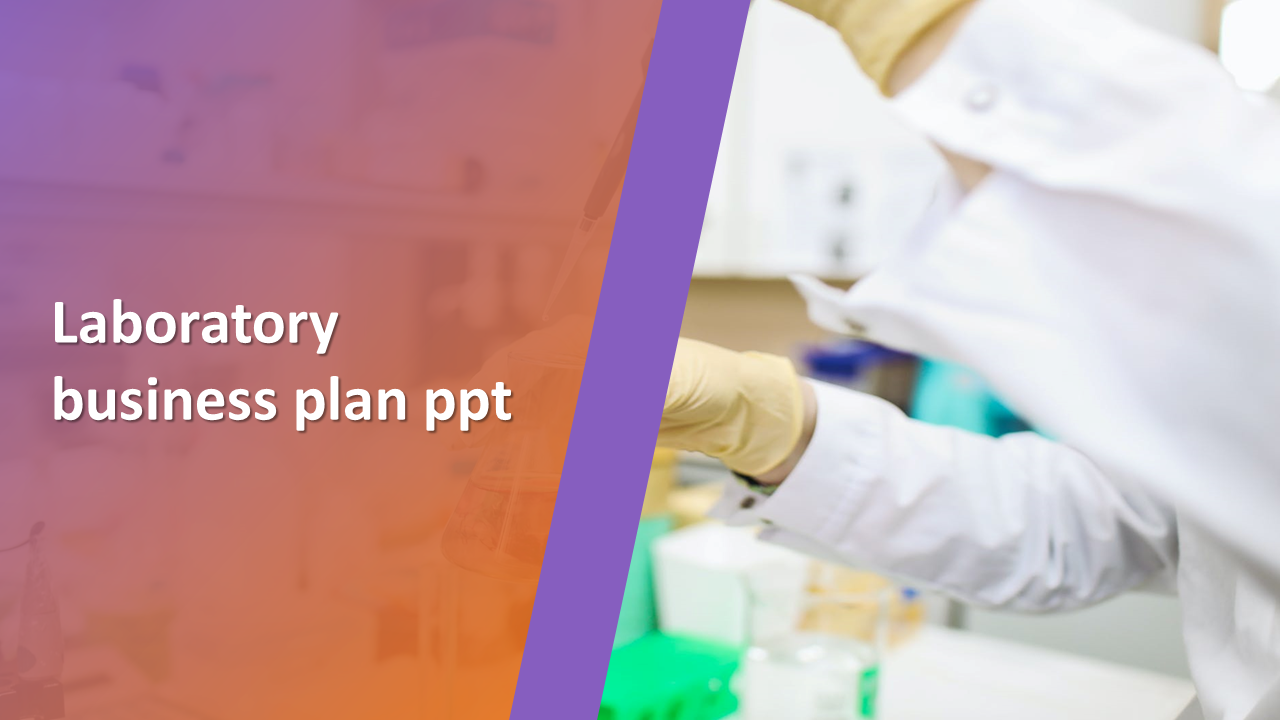 Laboratory business plan slide featuring a colorful design and an image of a lab technician.