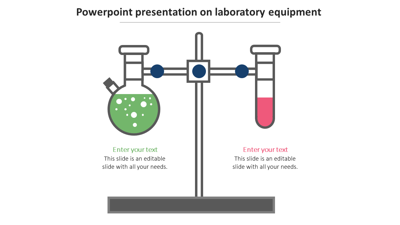 Laboratory setup with green filled flask on left and pink filled test tube on right, connected by a central stand.