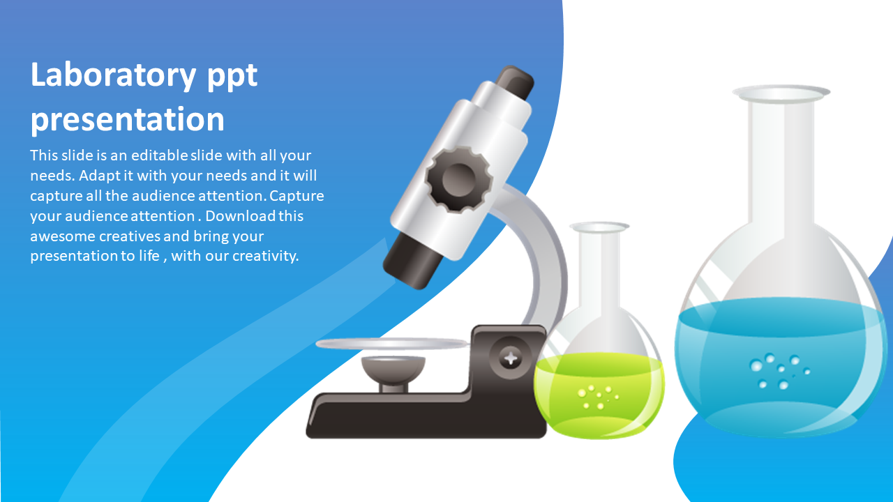 Illustration of a microscope and lab flasks with green and teal liquid, with a smooth gradient blue and white background.