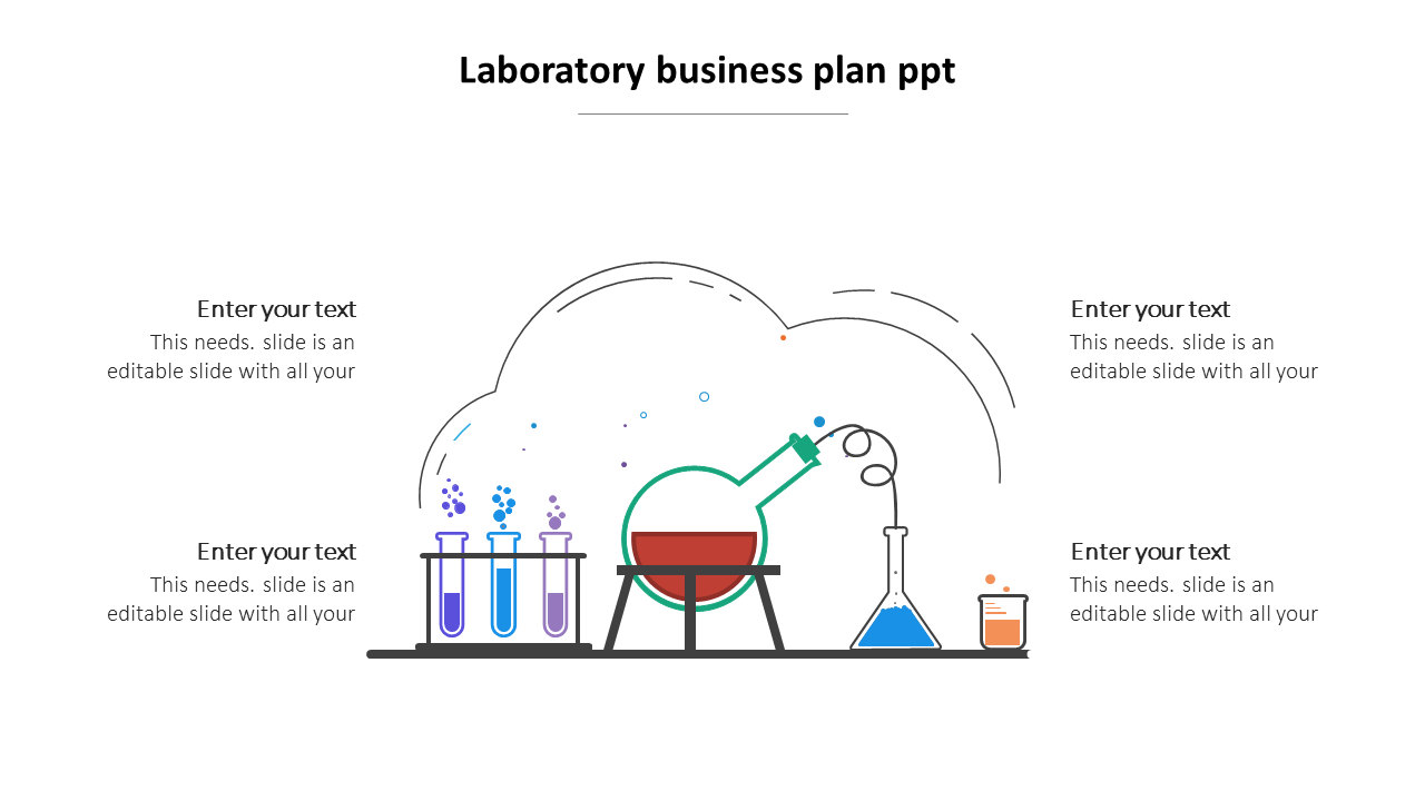 Lab equipment including test tubes, a flask on a burner, and a beaker, surrounded by placeholder text areas.