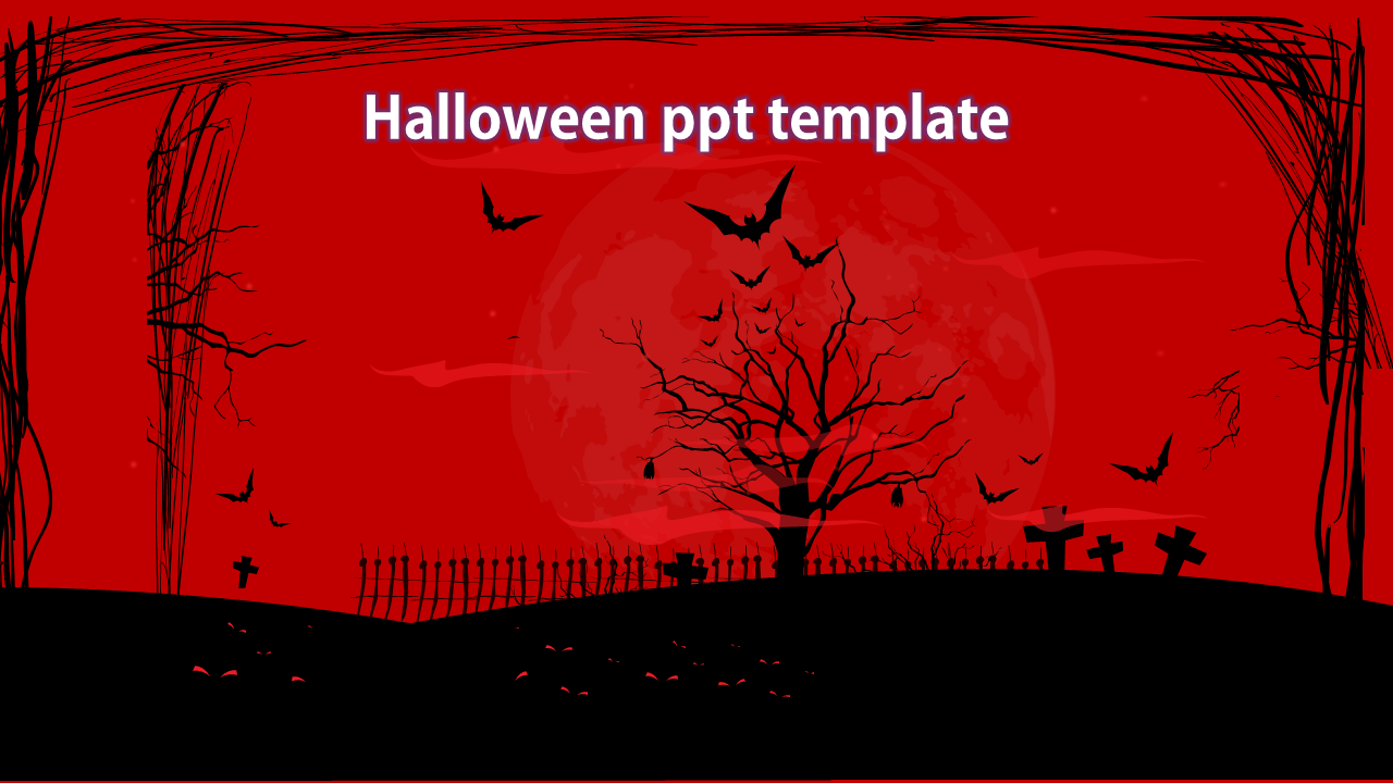 Slide featuring a halloween themed design with a spooky tree, bats, and a red moon background.