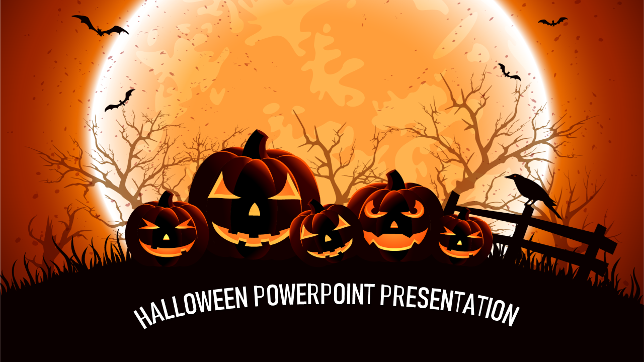 Halloween PowerPoint slide featuring glowing jack o' lanterns against a full moon with a spooky background of barren trees.