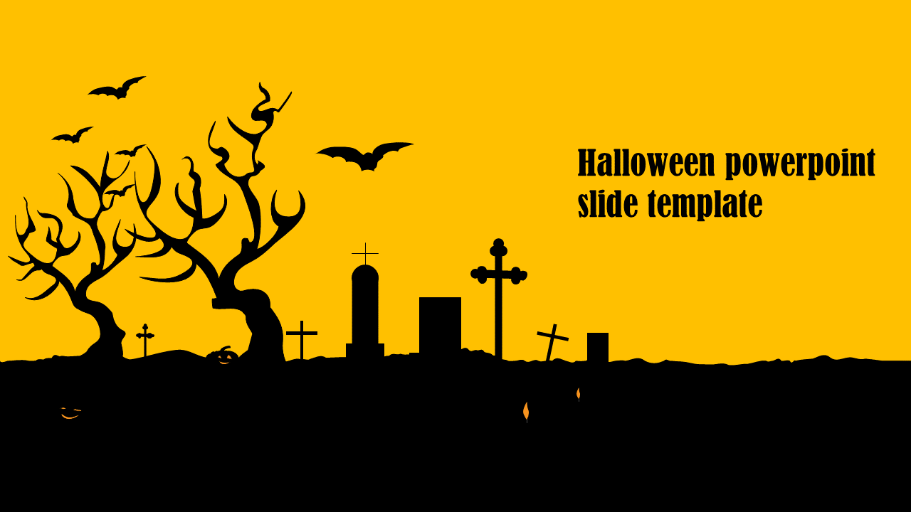 Spooky Halloween PowerPoint slide with a haunted graveyard, twisted trees, bats, and a yellow background.