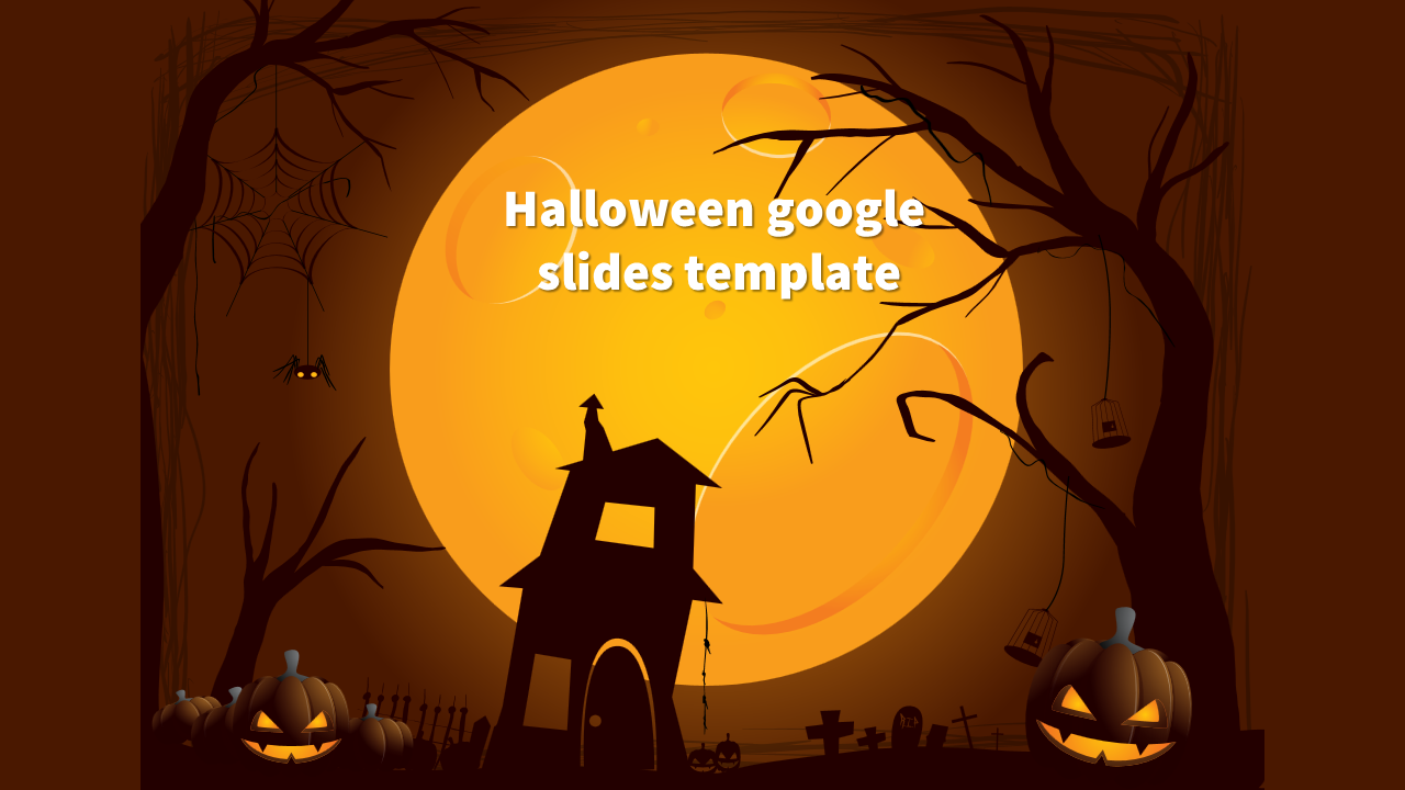 Halloween themed template with a haunted house silhouette against a large yellow moon and spooky decorations.