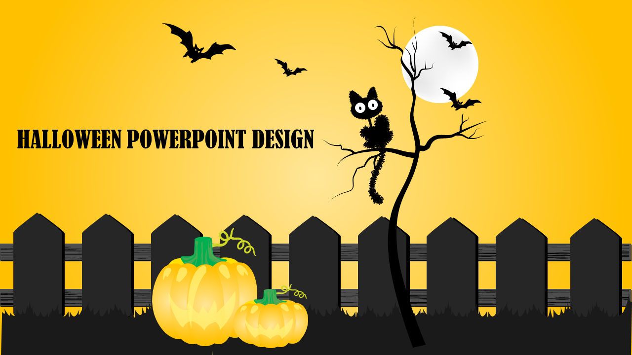 Halloween scene with a full white moon, black cat on a tree, pumpkins, bats, and a wooden fence, against a yellow sky.