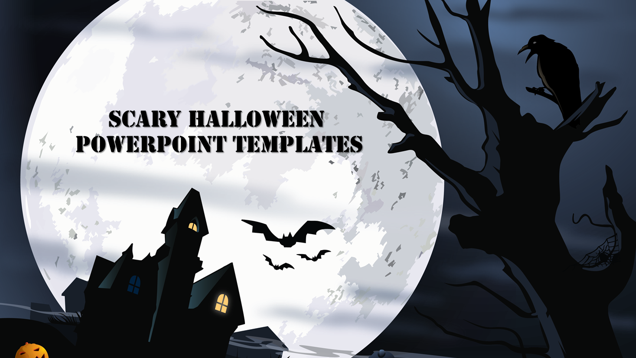 Haunted Halloween PowerPoint template featuring a dark mansion, eerie full moon, bats, and a crow on a twisted tree.