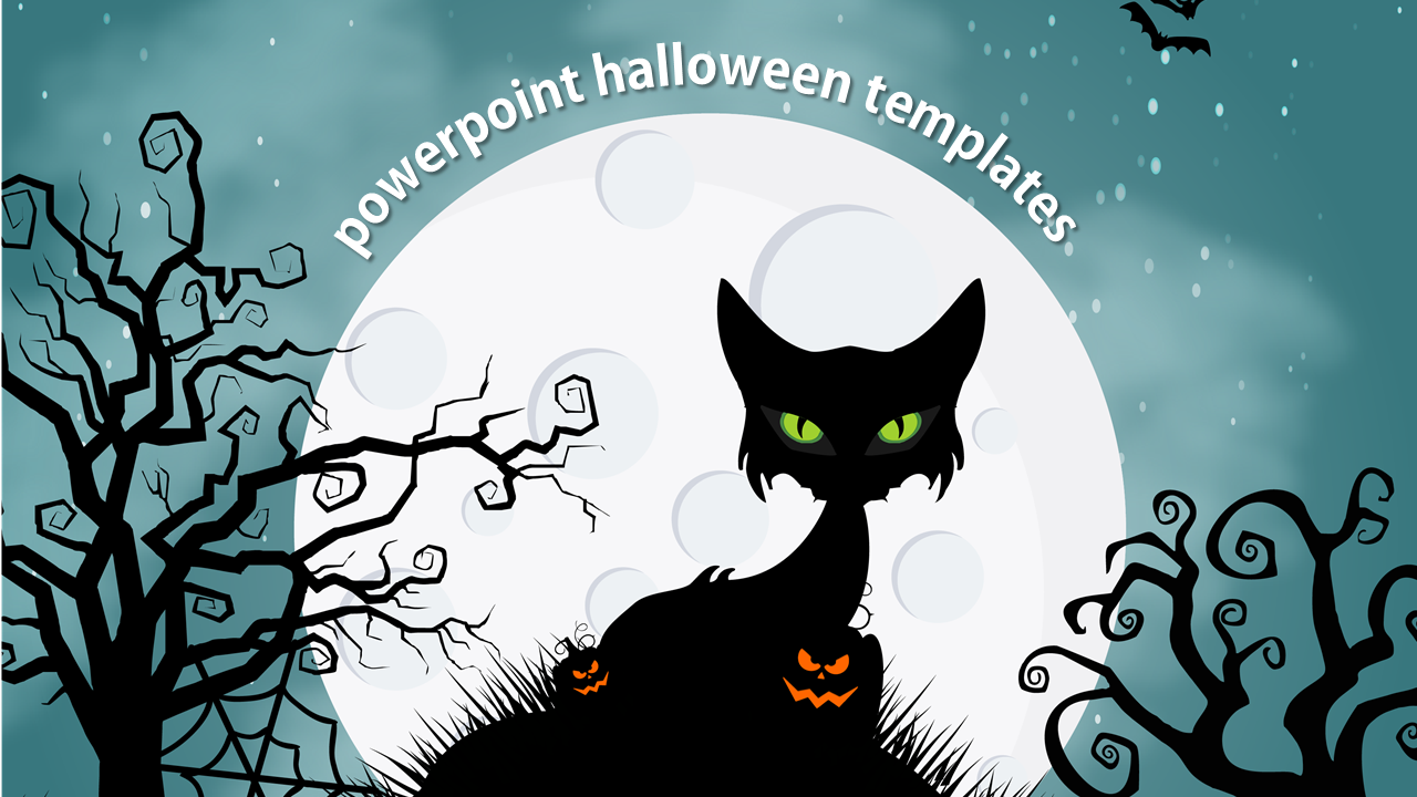 Black cat with glowing green eyes sits near pumpkins against a full moon with dark, bare trees on a teal background.