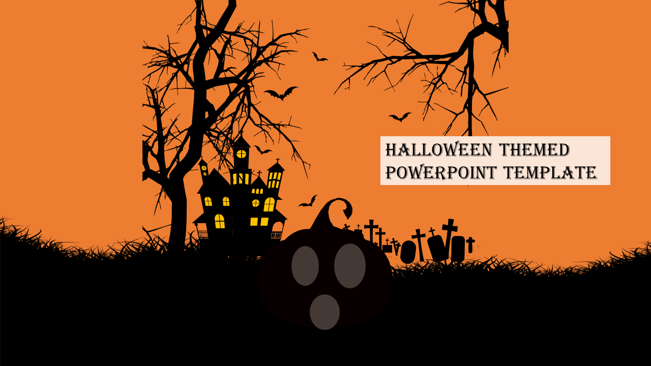 Spooky Halloween PowerPoint template featuring a haunted house, graveyard, twisted trees, and an eerie pumpkin face.