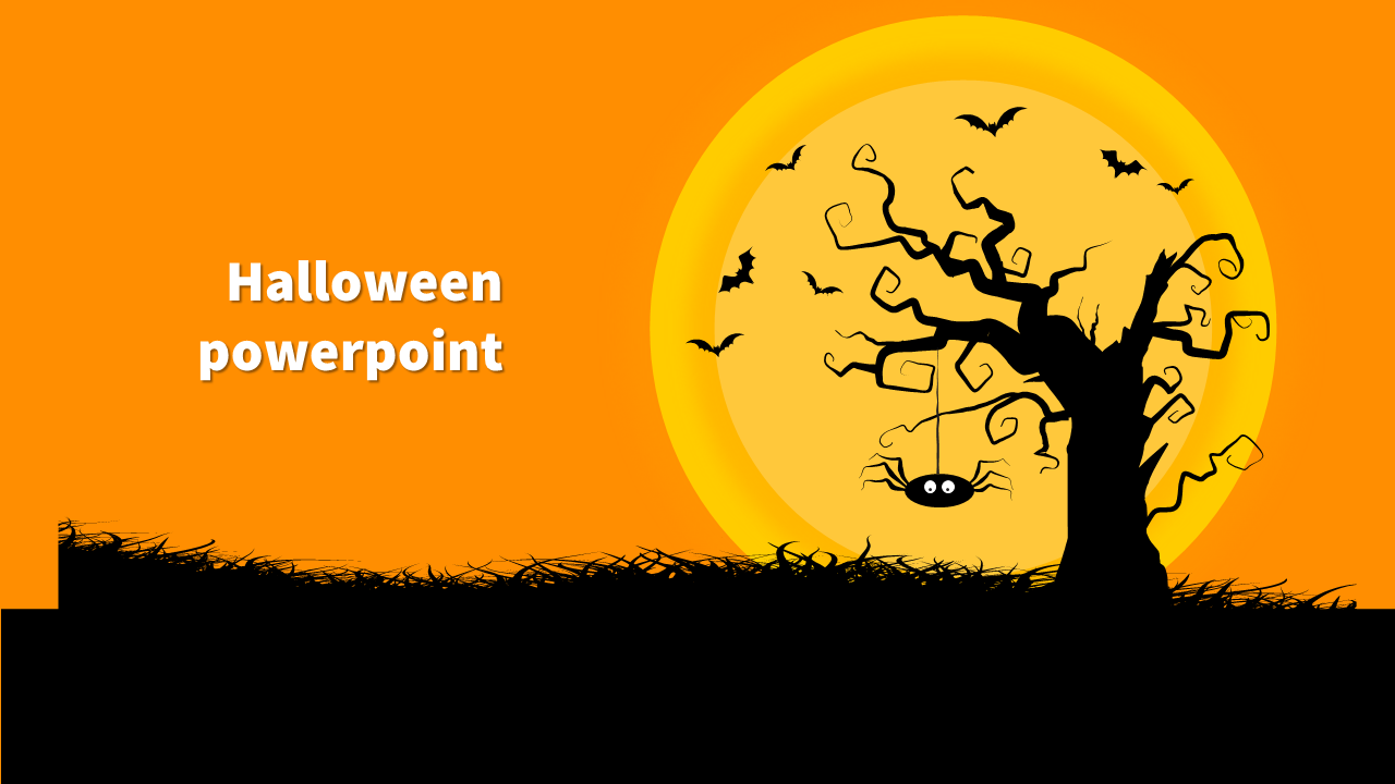 Halloween themed slide with an orange background, a spooky tree with hanging spider, and bats flying against a glowing moon.