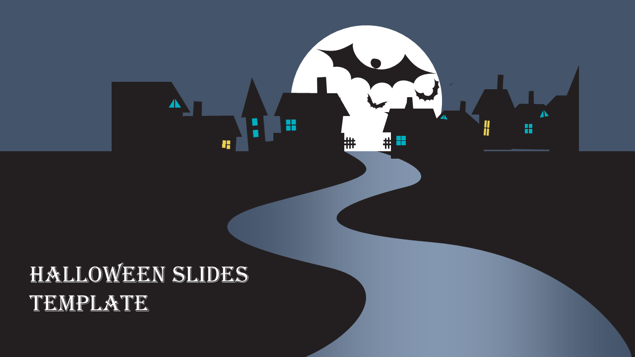 A spooky Halloween themed slide featuring a dark silhouette of a village against a full moon, with bats flying in the sky.