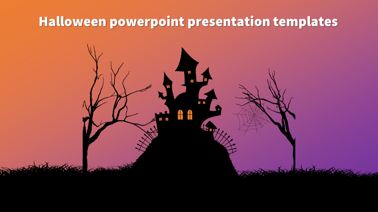 Spooky Halloween PowerPoint template featuring a haunted house, twisted trees, spider web, and a gradient night sky.