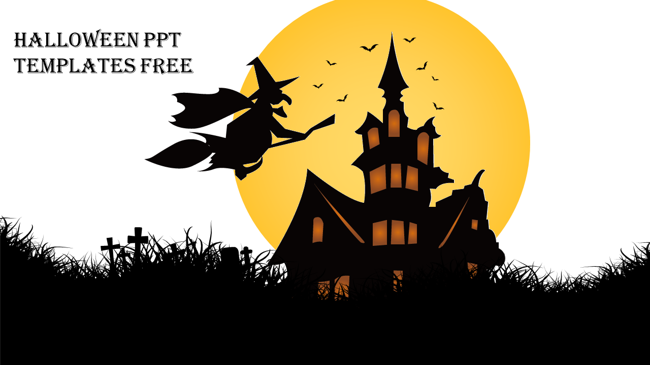 Spooky Halloween scene featuring a flying witch, haunted house, and bats in front of a full moon with grass and graves.