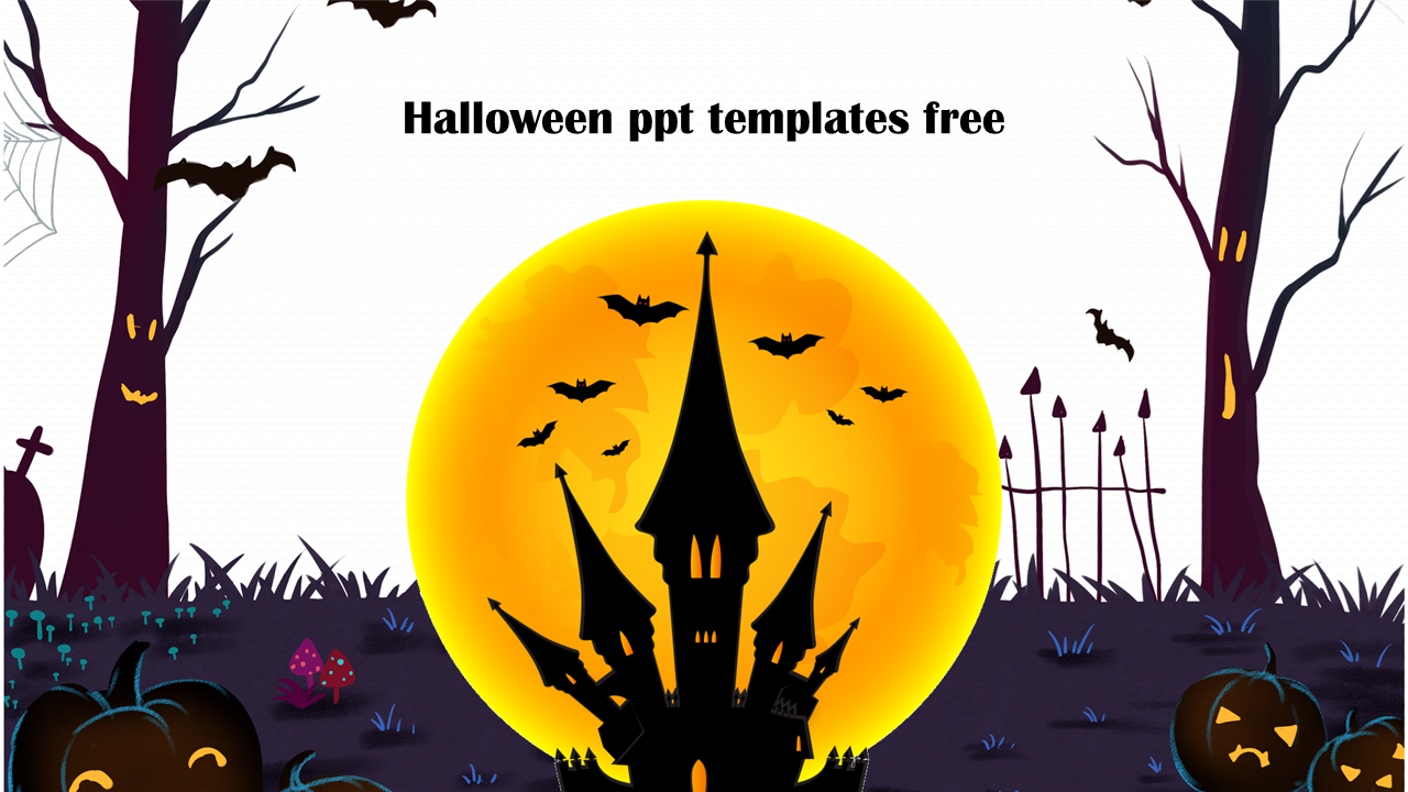 Spooky Halloween slide background featuring a haunted house silhouette against a large orange moon.