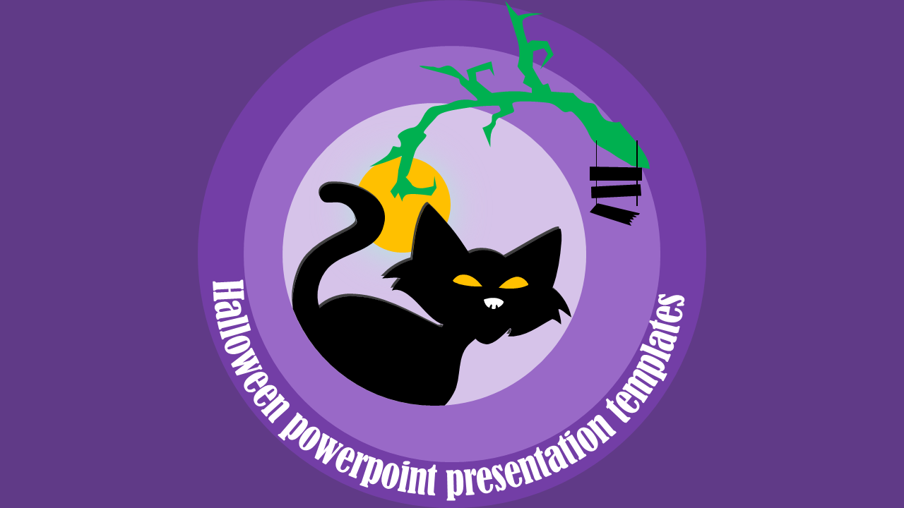 Halloween template with a black cat illustration against a moonlit background on a purple theme.