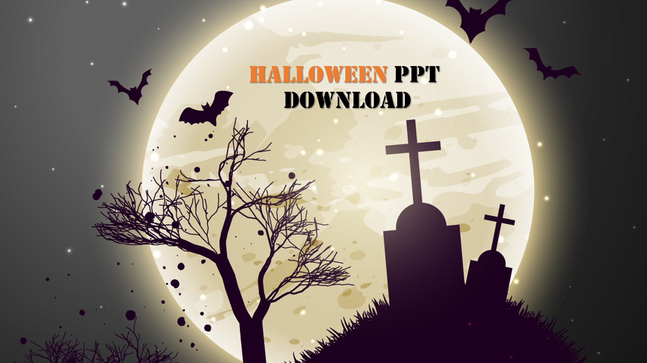 Full moon background with gravestones, bats, and leafless trees, creating a spooky halloween atmosphere.