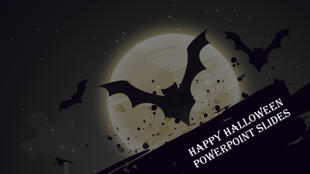 Spooky Halloween PowerPoint slide featuring flying bats against a full moon with eerie dark tones and scattered splatters.