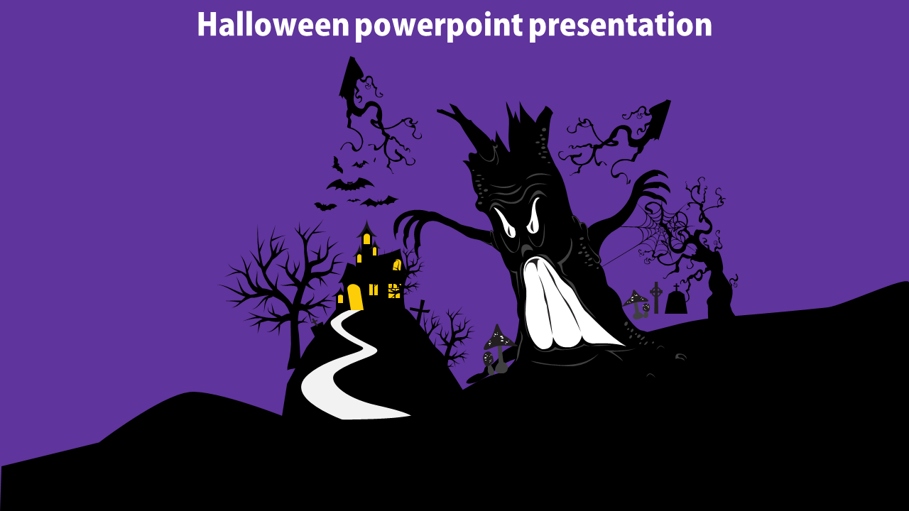 Halloween slide with a haunted house, twisted tree ghost, bats, and gravestones set against a purple background