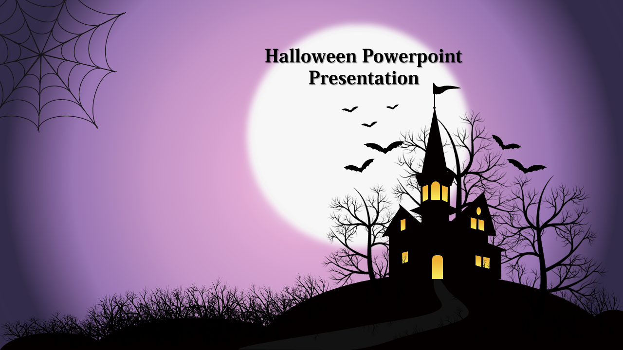 Spooky Halloween PowerPoint slide with a haunted house, bats, and a full moon.