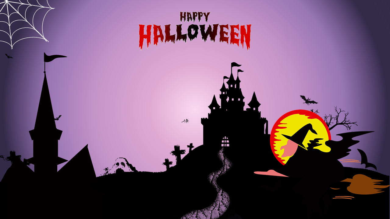 Halloween slide with a silhouetted castle, a witch on a broomstick, bats, and a spiderweb, on a purple gradient background.