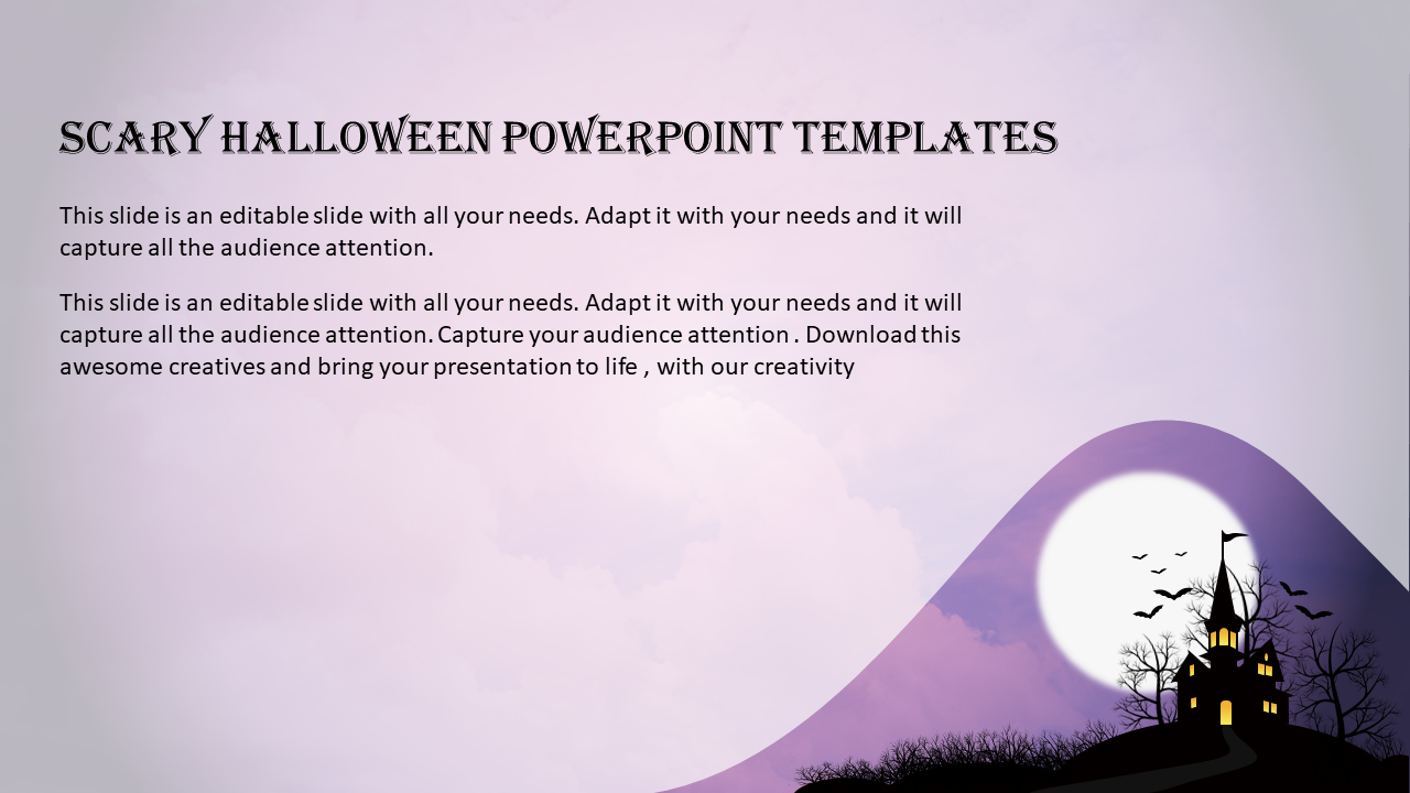 Spooky Halloween PPT template with a haunted house, full moon, and eerie bats flying in the night sky on a purple theme.