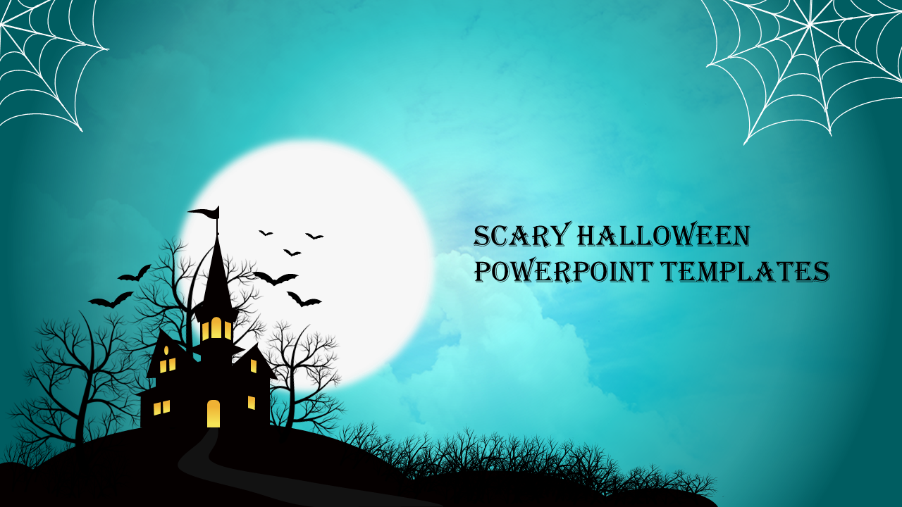 Halloween-themed slide with a scary house silhouette, bats flying in front of a full moon, and spider webs in the corners.