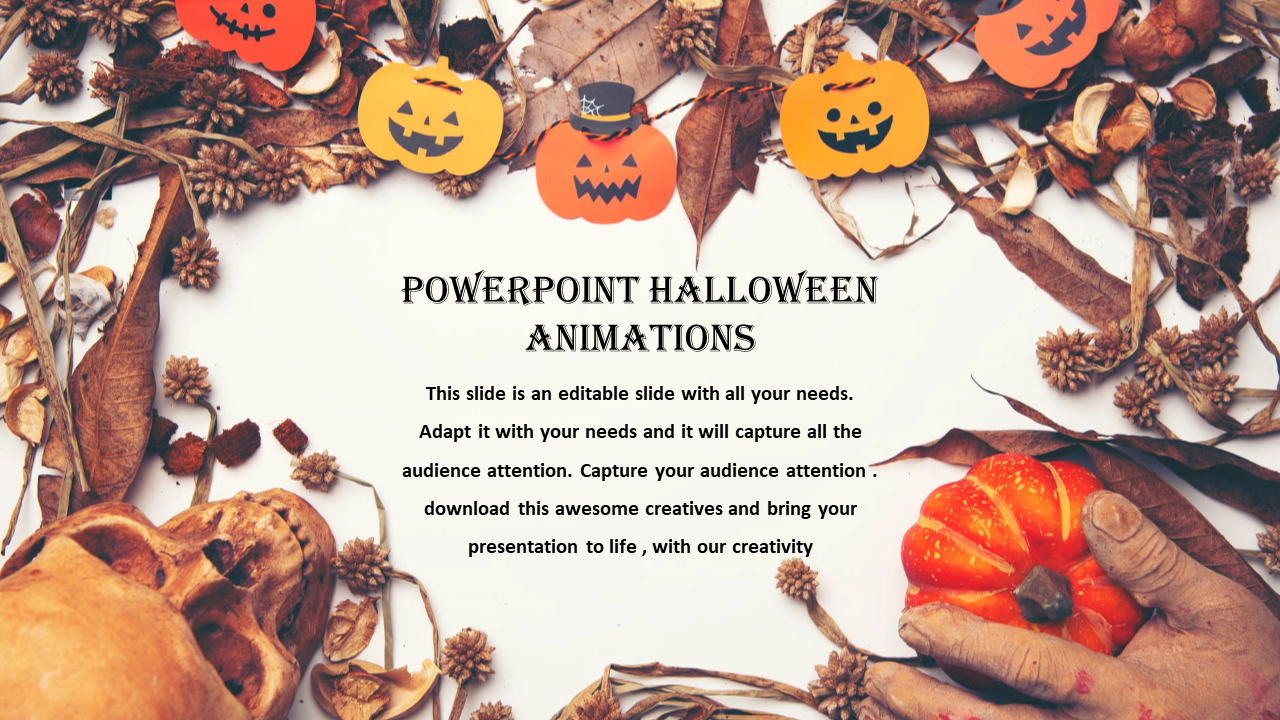 Halloween themed slide with pumpkins, autumn leaves, and a skeleton hand, framing the bold, decorative header.