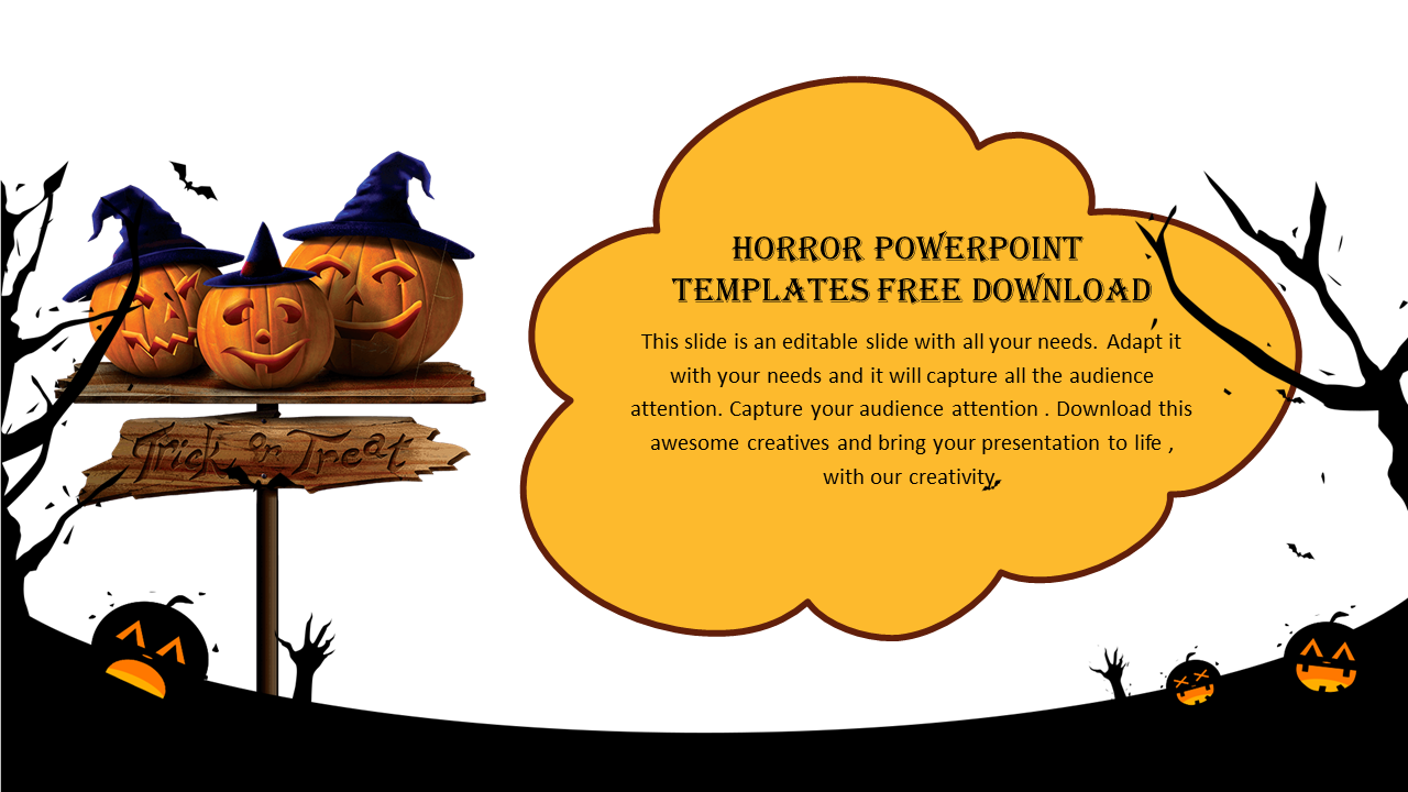 Horror PowerPoint slide featuring carved pumpkins with spooky expressions and a large text bubble.