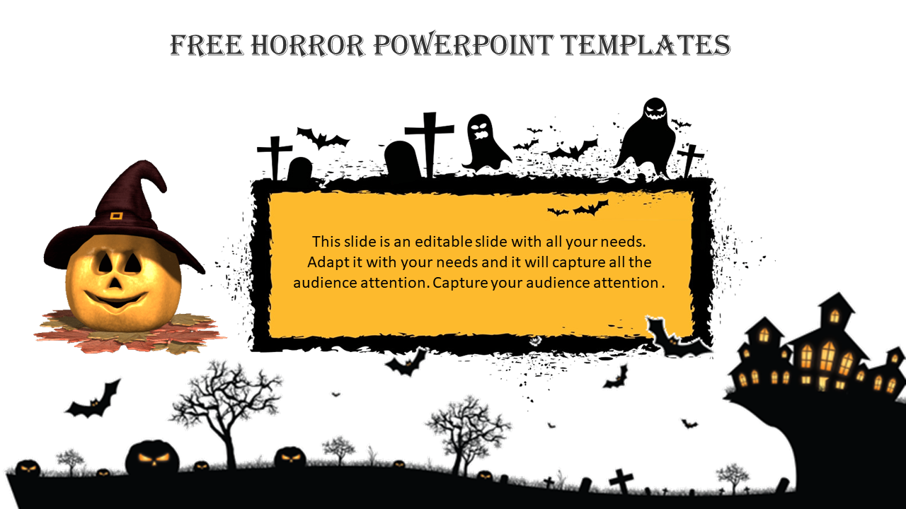 Horror-themed slide featuring a jack-o'-lantern in a witch hat, a yellow text box surrounded by ghost and bat illustrations.