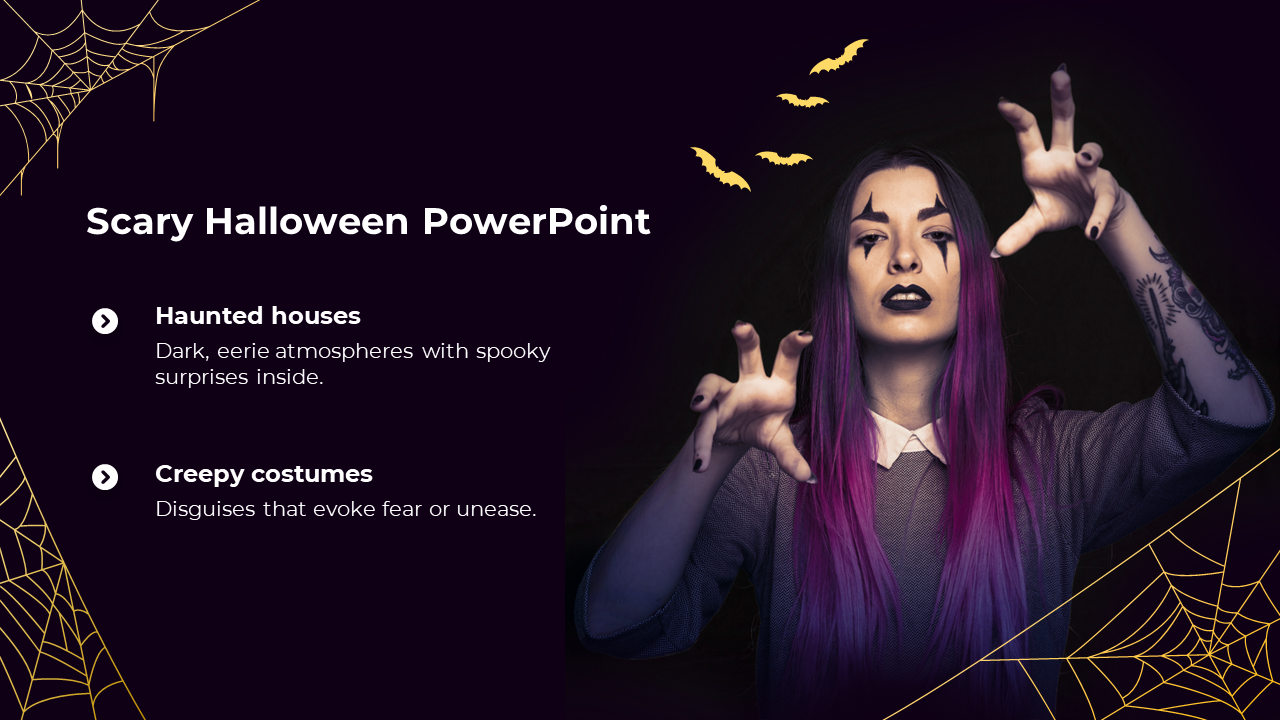 Halloween-themed slide with a woman in eerie makeup and purple hair, surrounded by bats and spiderwebs.