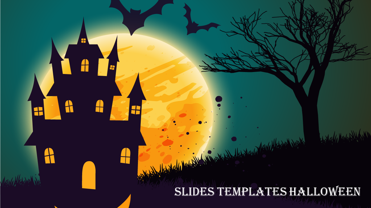 Halloween slide showing a spooky castle, a yellow-orange moon, flying bats, and a bare tree against a gradient background.