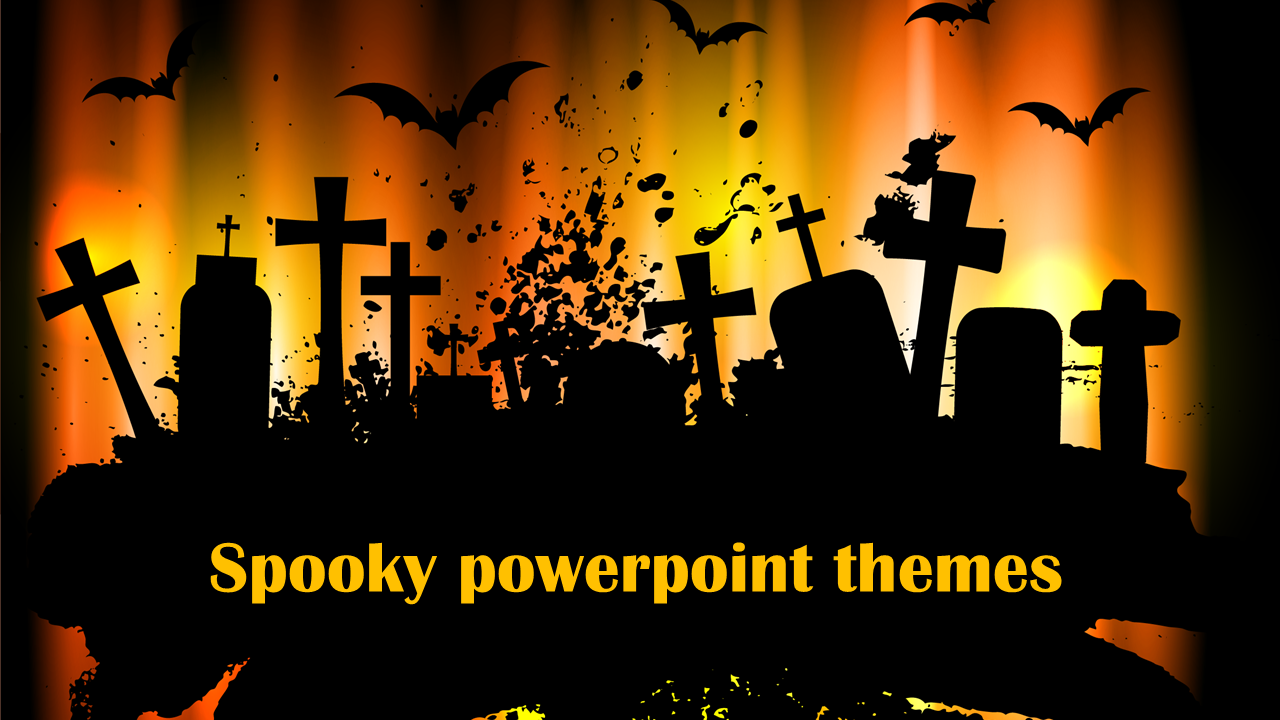 Halloween slide with silhouettes of crosses, gravestones, and flying bats, with text in yellow, on a fiery orange background.