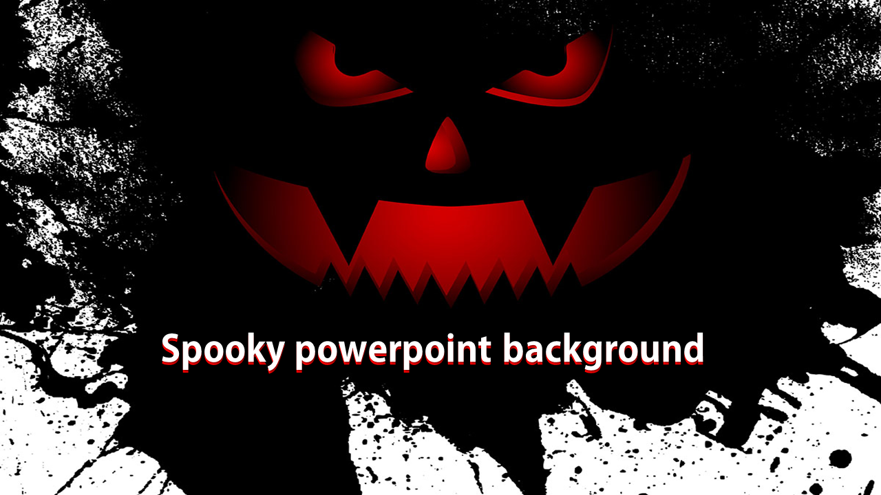 Dark spooky background with a red, menacing jack-o'-lantern face against a textured black and white splatter design.