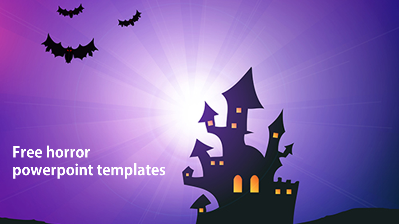 Horror themed PowerPoint slide with a haunted house silhouette, bats, and a glowing purple background.