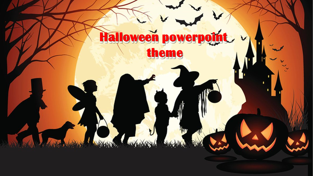 Halloween PowerPoint theme with silhouettes of children in costumes, a haunted castle, and glowing jack o' lanterns.