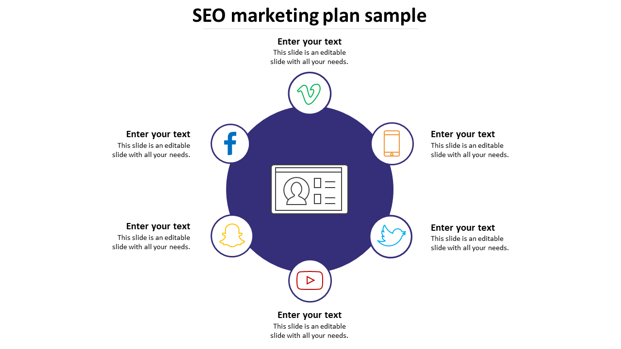 SEO marketing plan slide sample with icons representing different social media platforms and placeholder text.