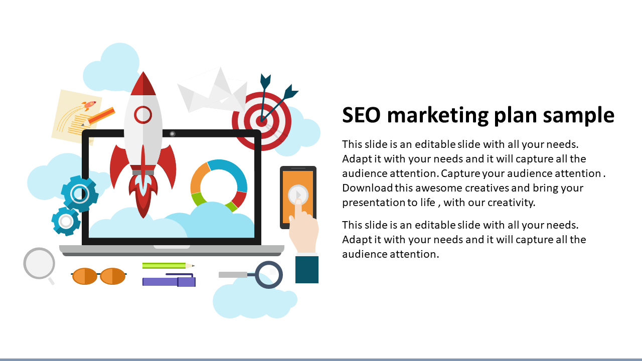 SEO marketing plan PowerPoint slide with a rocket launch, digital analytics, and mobile interaction elements.