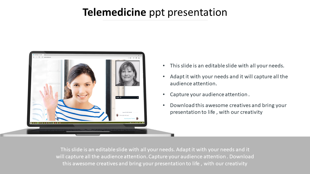 Laptop displaying a telemedicine video call with a woman, paired with text content below, on a gray footer.